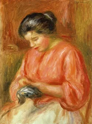 Ragazza in rosso, che fa la maglia
